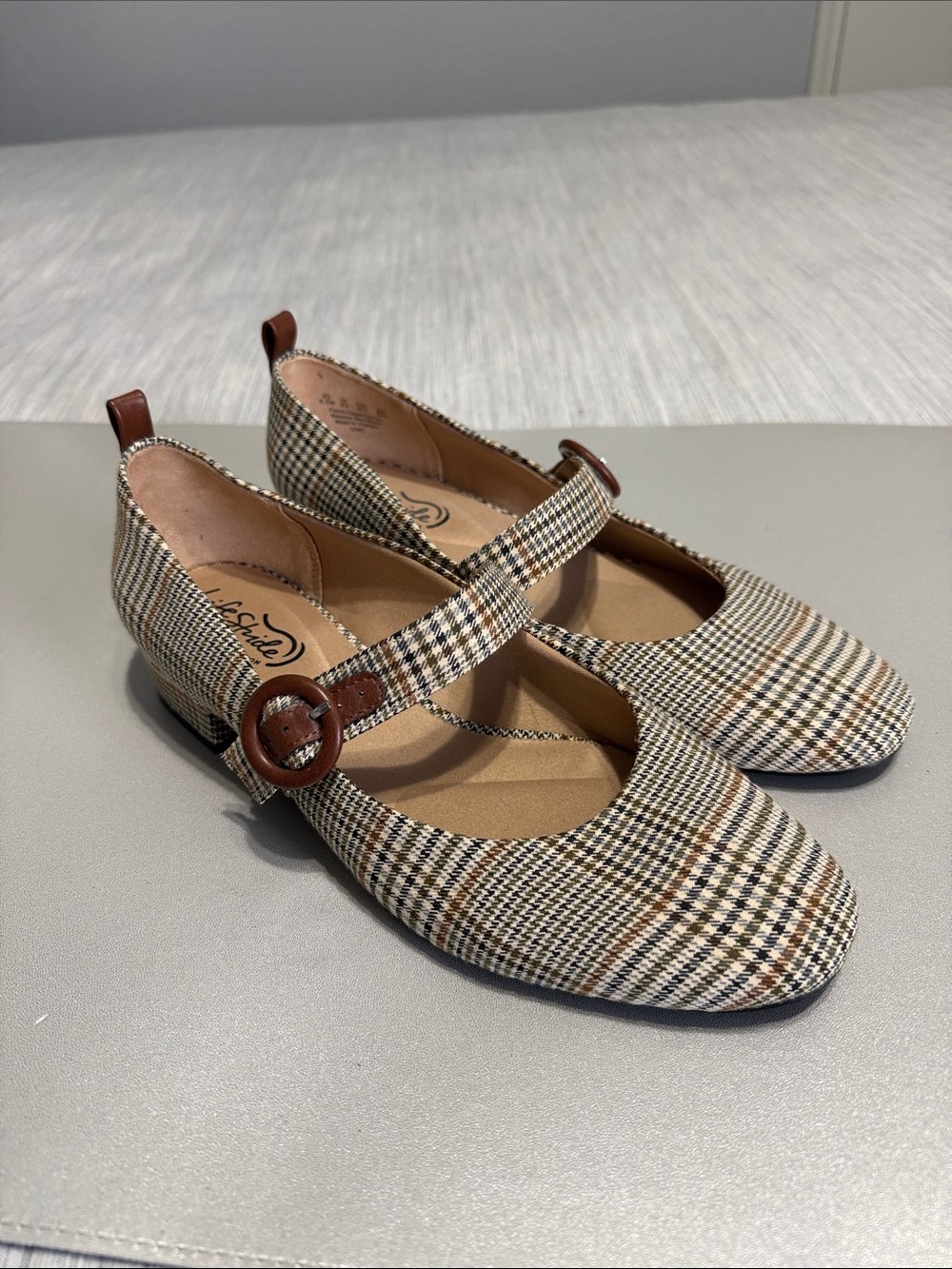 LifeStride Mary Jane Flats Plaid Houndstooth Checked Buckle Shoes Size 8.5 Wide